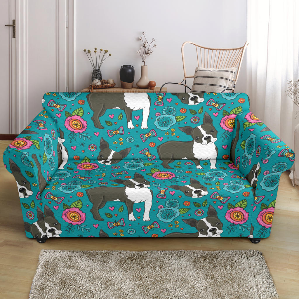 Boston Terrier Beautiful Flower Pattern Loveseat Couch Slipcover
