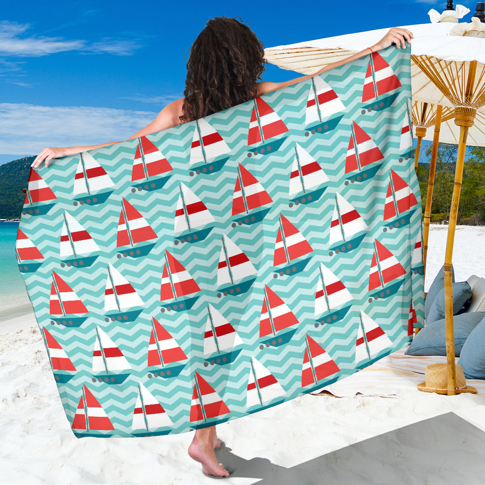 Red White Sailboat Wave Background Sarong