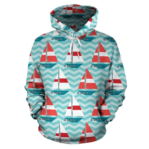 Red White Sailboat Wave Background Men Women Pullover Hoodie