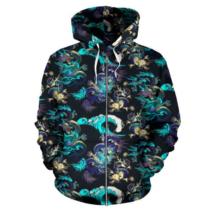 Dragon Sea Wave Pattern Zip Up Hoodie