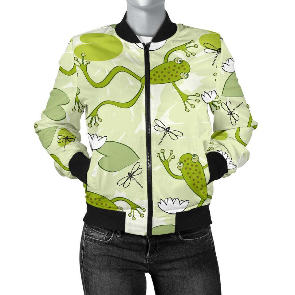 Cute Frog Dragonfly Pattern Women'S Bomber Jacket