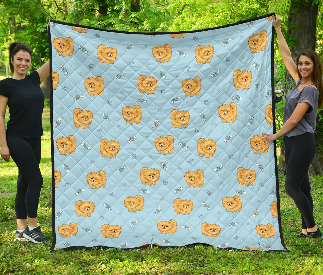 Brown Cute Pomeranian Blue Blackground Premium Quilt