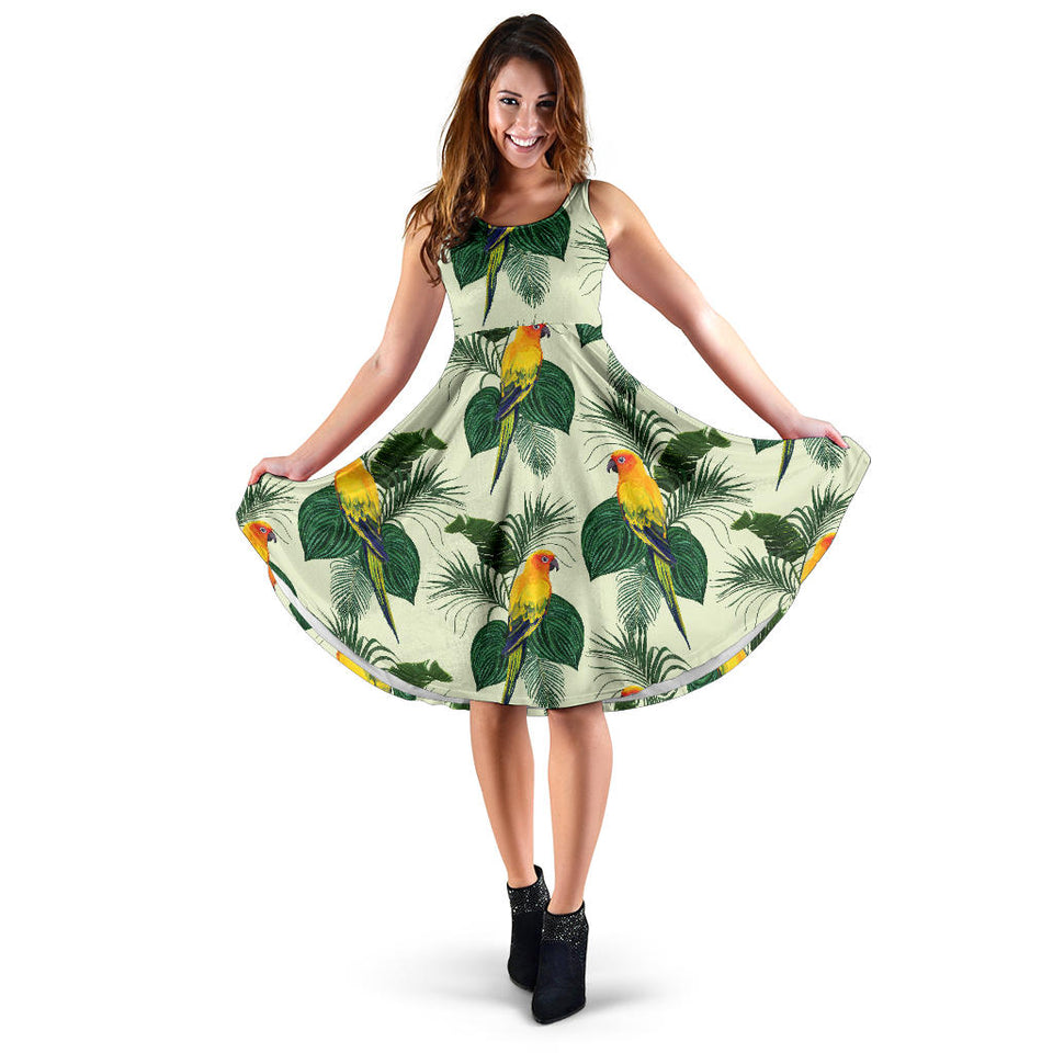 Beautiful Parrot Palm Leaves Pattern Sleeveless Midi Dress