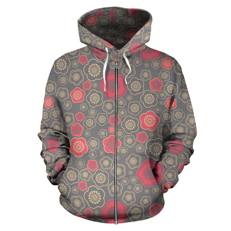 Red Gold Sakura Cherry Blossom Gray Background Zip Up Hoodie