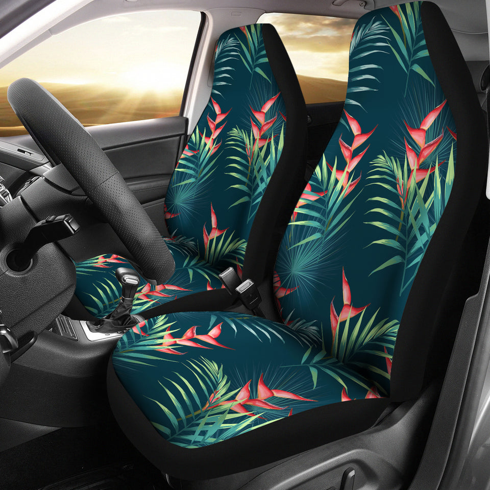 Heliconia Flowers, Palm And Monstera Leaves On Black Background Pattern Universal Fit Car Seat Covers