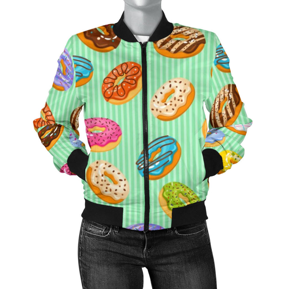 Colorful Donut Pattern Green Background Women'S Bomber Jacket