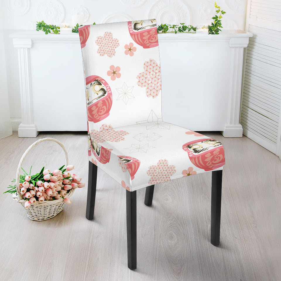 Daruma Japanese Wooden Doll Cherry Blossom Flower Pattern Dining Chair Slipcover