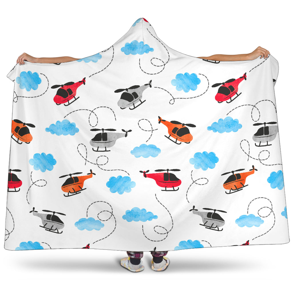 Watercolor Helicopter Cloud Pattern Hooded Blanket