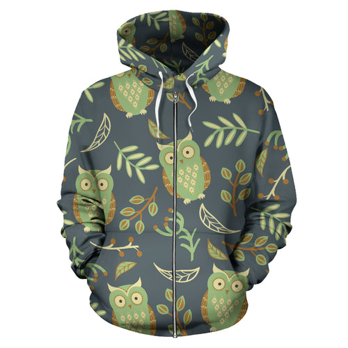 Cute Owls Leaves Pattern Zip Up Hoodie