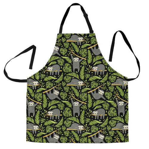 Cute Sloths Tropical Palm Leaves Black Background Adjustable Apron