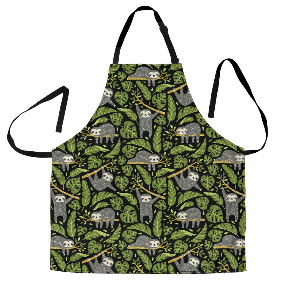Cute Sloths Tropical Palm Leaves Black Background Adjustable Apron