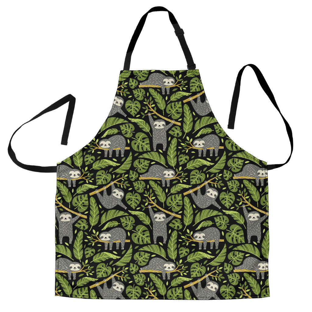 Cute Sloths Tropical Palm Leaves Black Background Adjustable Apron