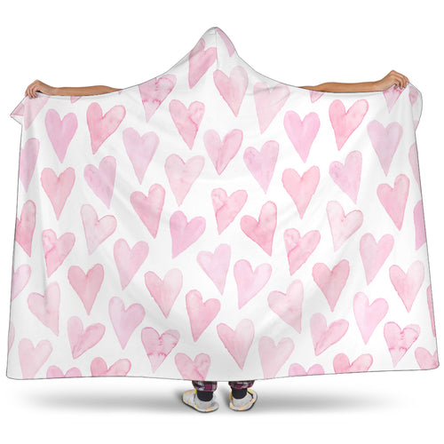 Watercolor Pink Heart Pattern Hooded Blanket