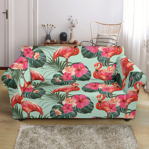 Beautiful Flamingo Tropical Palm Leaves Hibiscus Pateern Background Loveseat Couch Slipcover