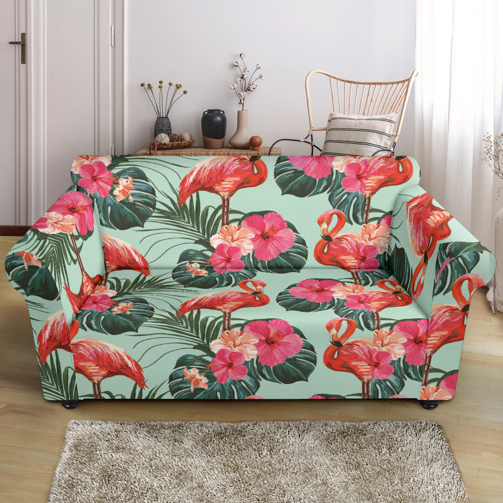 Beautiful Flamingo Tropical Palm Leaves Hibiscus Pateern Background Loveseat Couch Slipcover