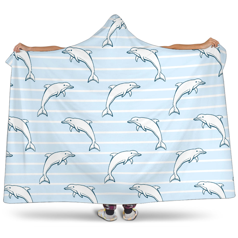 Dolphin Blue Striped Background Hooded Blanket
