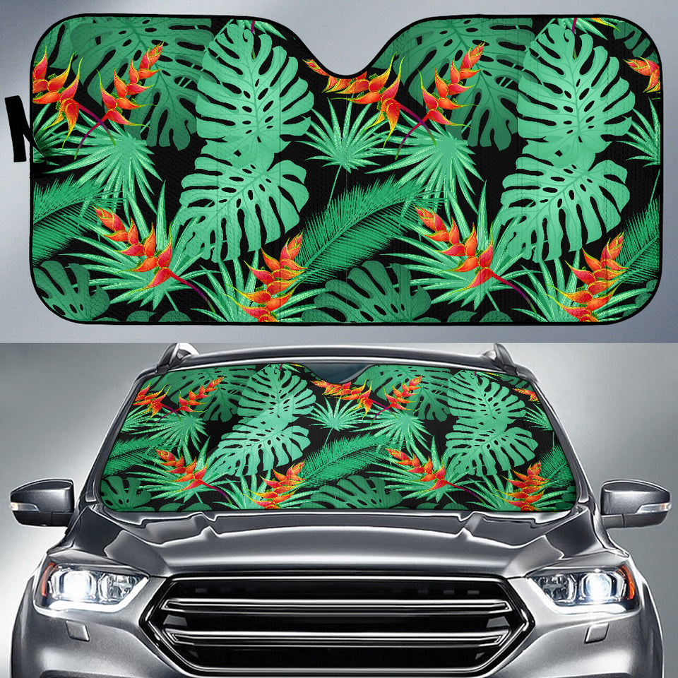 Heliconia Flower Palm Monstera Leaves Black Background Car Sun Shade