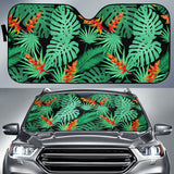 Heliconia Flower Palm Monstera Leaves Black Background Car Sun Shade