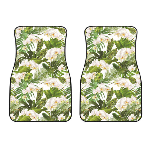 White Orchid Flower Tropical Leaves Pattern Front Car Mats