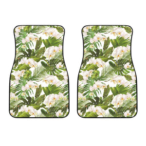 White Orchid Flower Tropical Leaves Pattern Front Car Mats