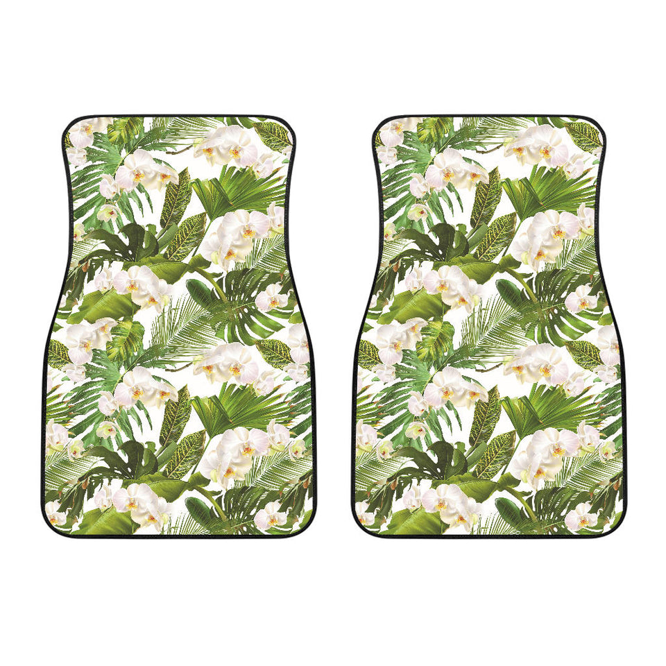 White Orchid Flower Tropical Leaves Pattern Front Car Mats