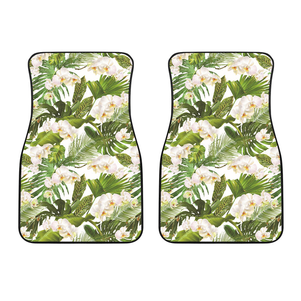 White Orchid Flower Tropical Leaves Pattern Front Car Mats