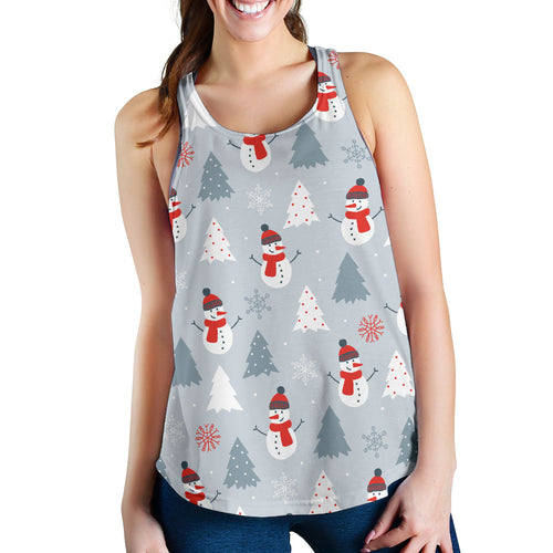 Snowman christmas  tree snow gray background Women Racerback Tank Top