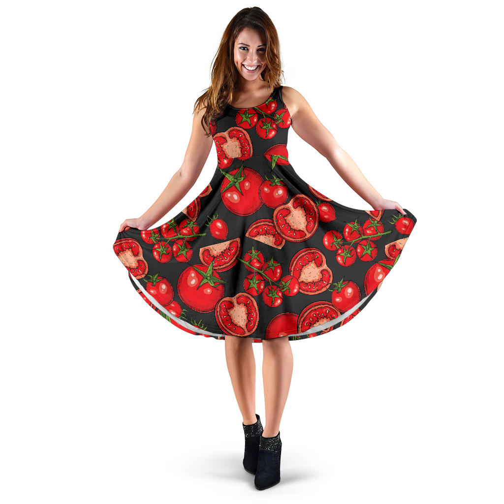 Tomato Black Background Sleeveless Midi Dress