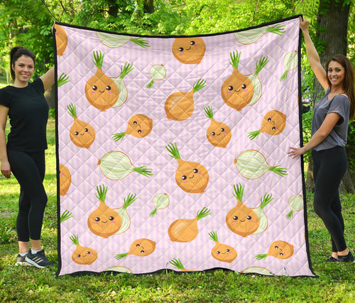 Cute Onions Smiling Faces Purple Background Premium Quilt