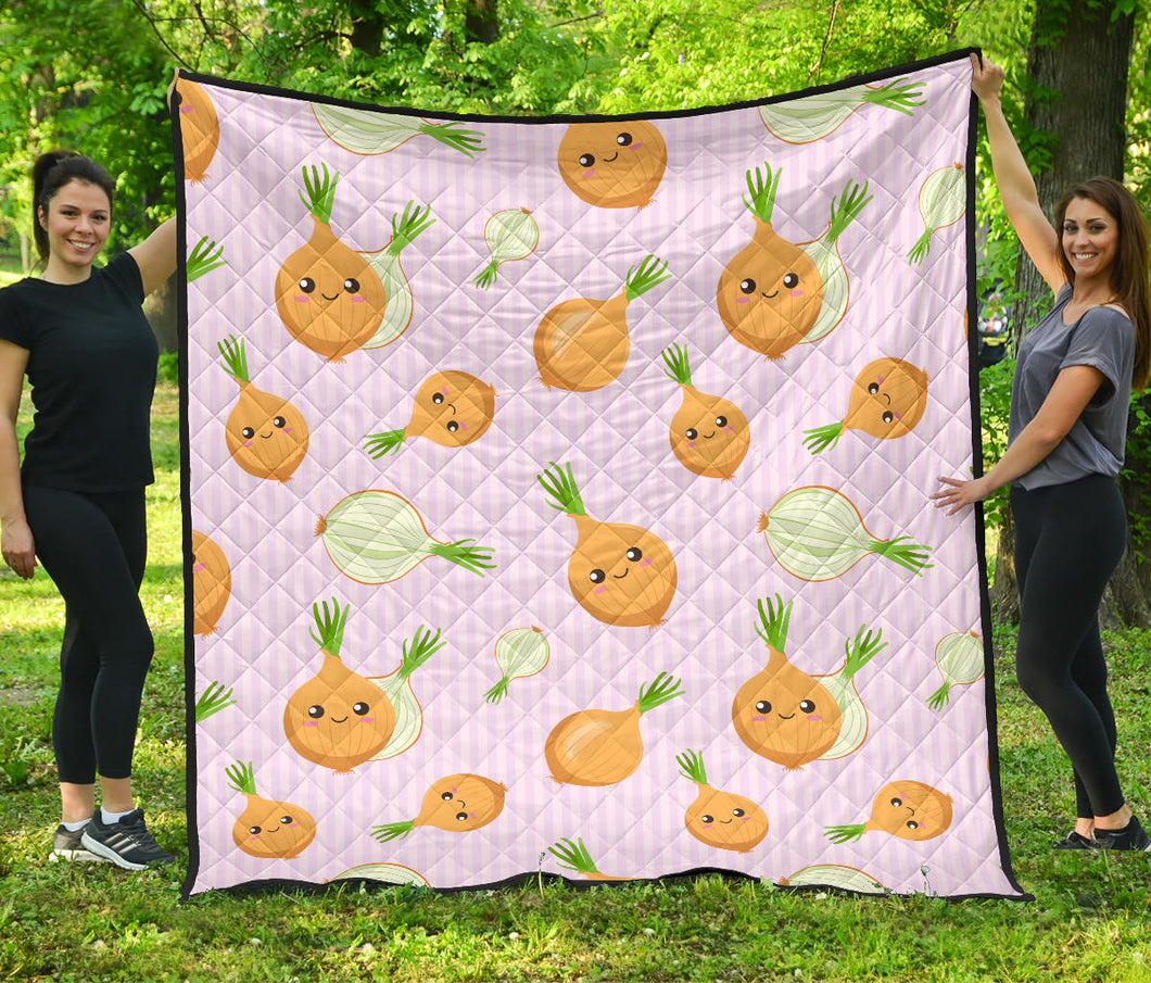 Cute Onions Smiling Faces Purple Background Premium Quilt