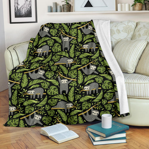 Cute Sloths Tropical Palm Leaves Black Background Premium Blanket