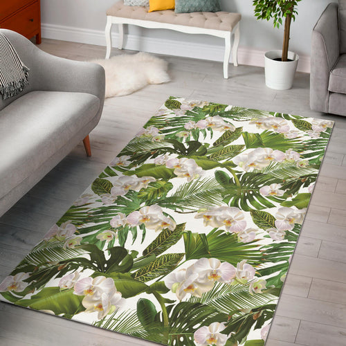 White Orchid Flower Tropical Leaves Pattern Area Rug