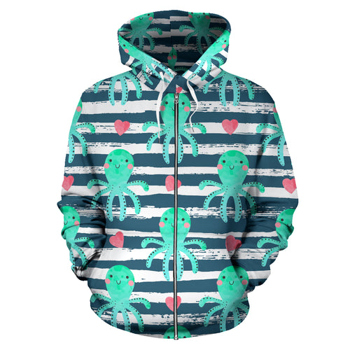 Cute Octopuses Heart Striped Background Zip Up Hoodie