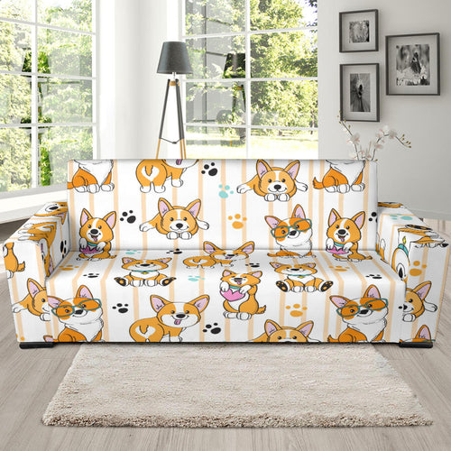 Cute Dog Corgi Striped Background Pattern Sofa Slipcover