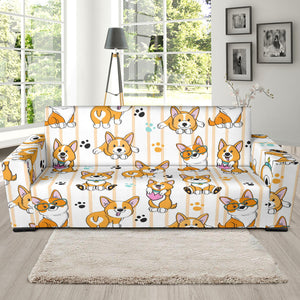 Cute Dog Corgi Striped Background Pattern Sofa Slipcover