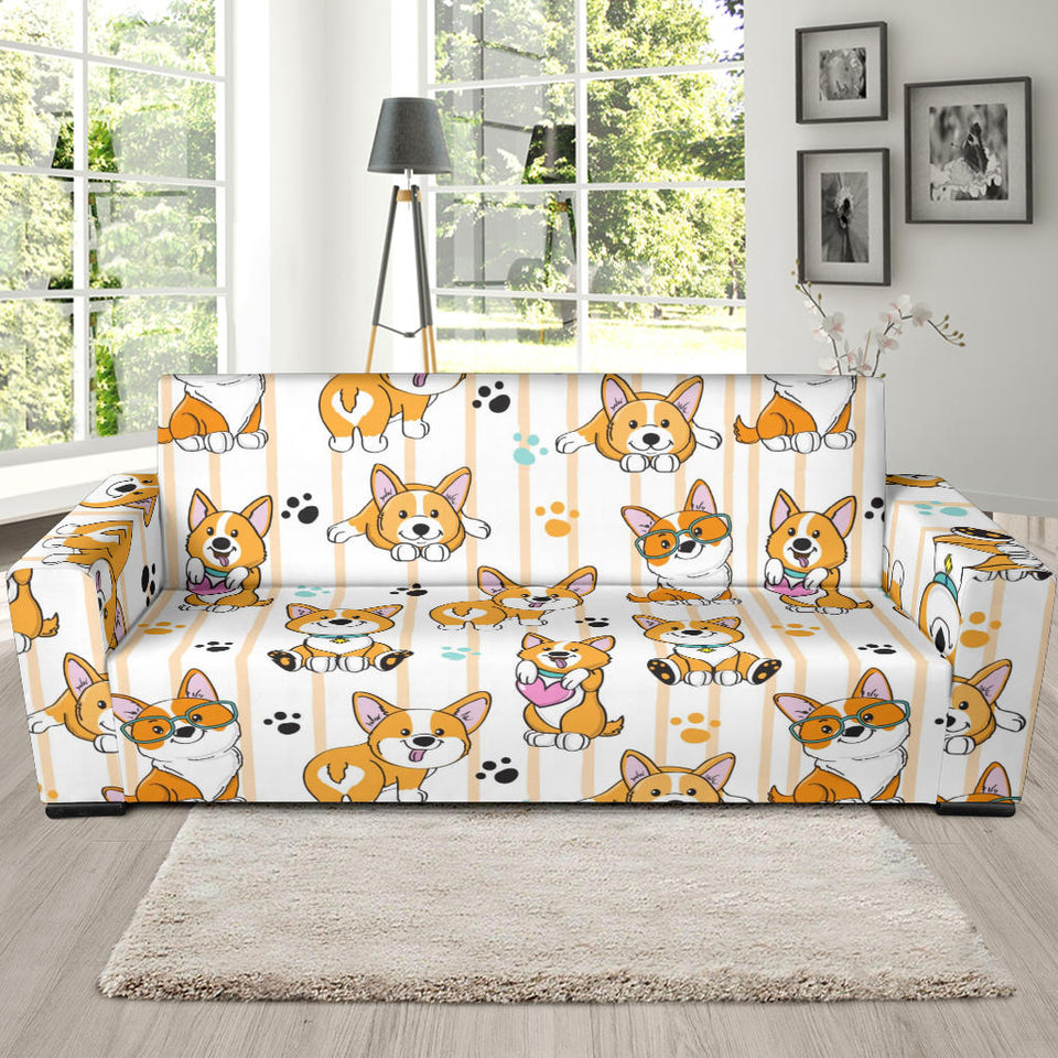 Cute Dog Corgi Striped Background Pattern Sofa Slipcover