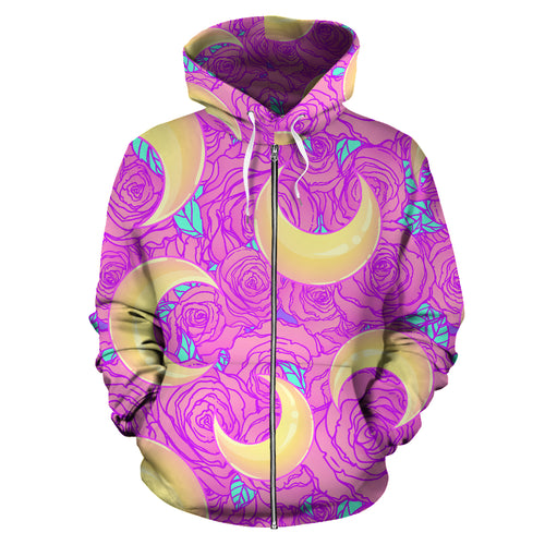 Moon Pink Rose Background Zip Up Hoodie