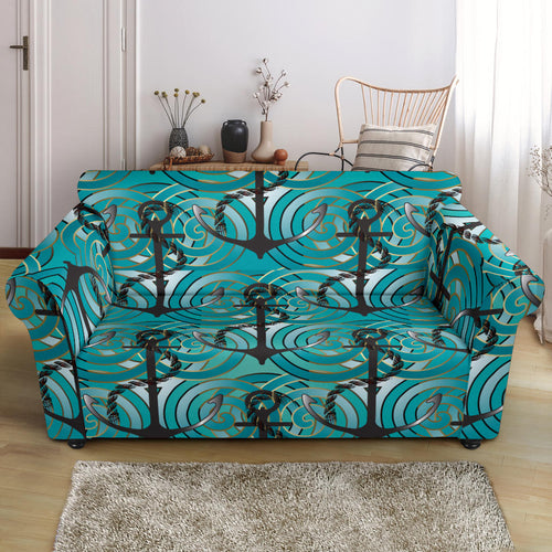 Anchor Nautical Green Background Loveseat Couch Slipcover