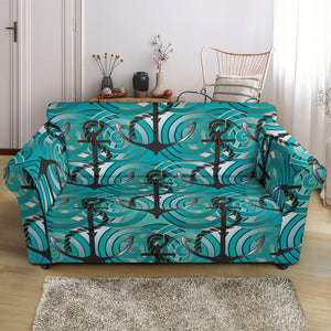 Anchor Nautical Green Background Loveseat Couch Slipcover