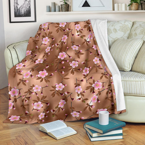 Pink Sakura Cherry Blossom Drak Brown Background Premium Blanket