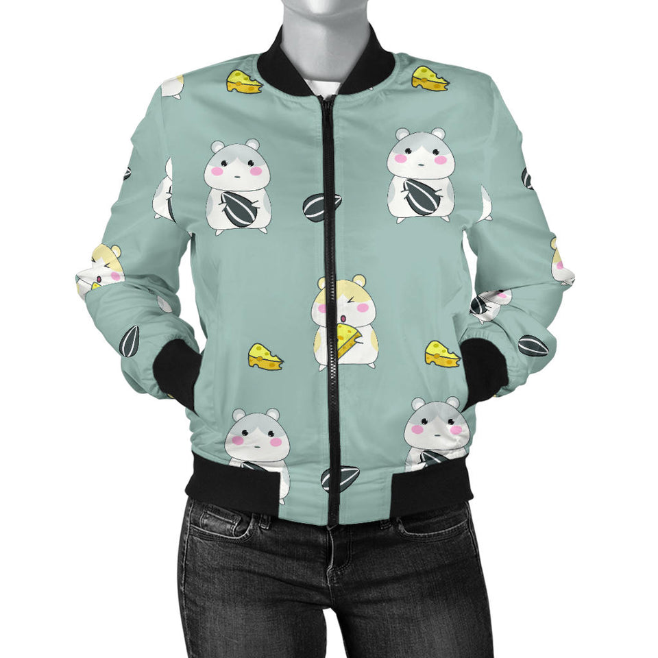Cute Hamster Cheese Pattern Women'S Bomber Jacket