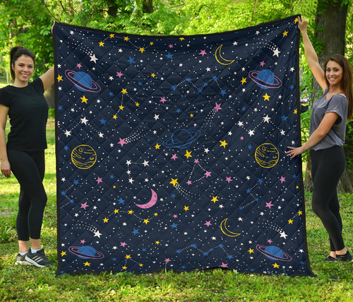 Space Pattern With Planets, Comets, Constellations And Stars Premium Quilt