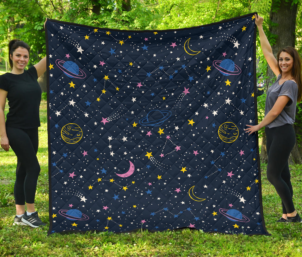 Space Pattern With Planets, Comets, Constellations And Stars Premium Quilt