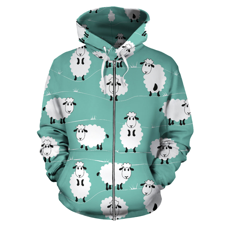 Cute Sheep Green Background Zip Up Hoodie