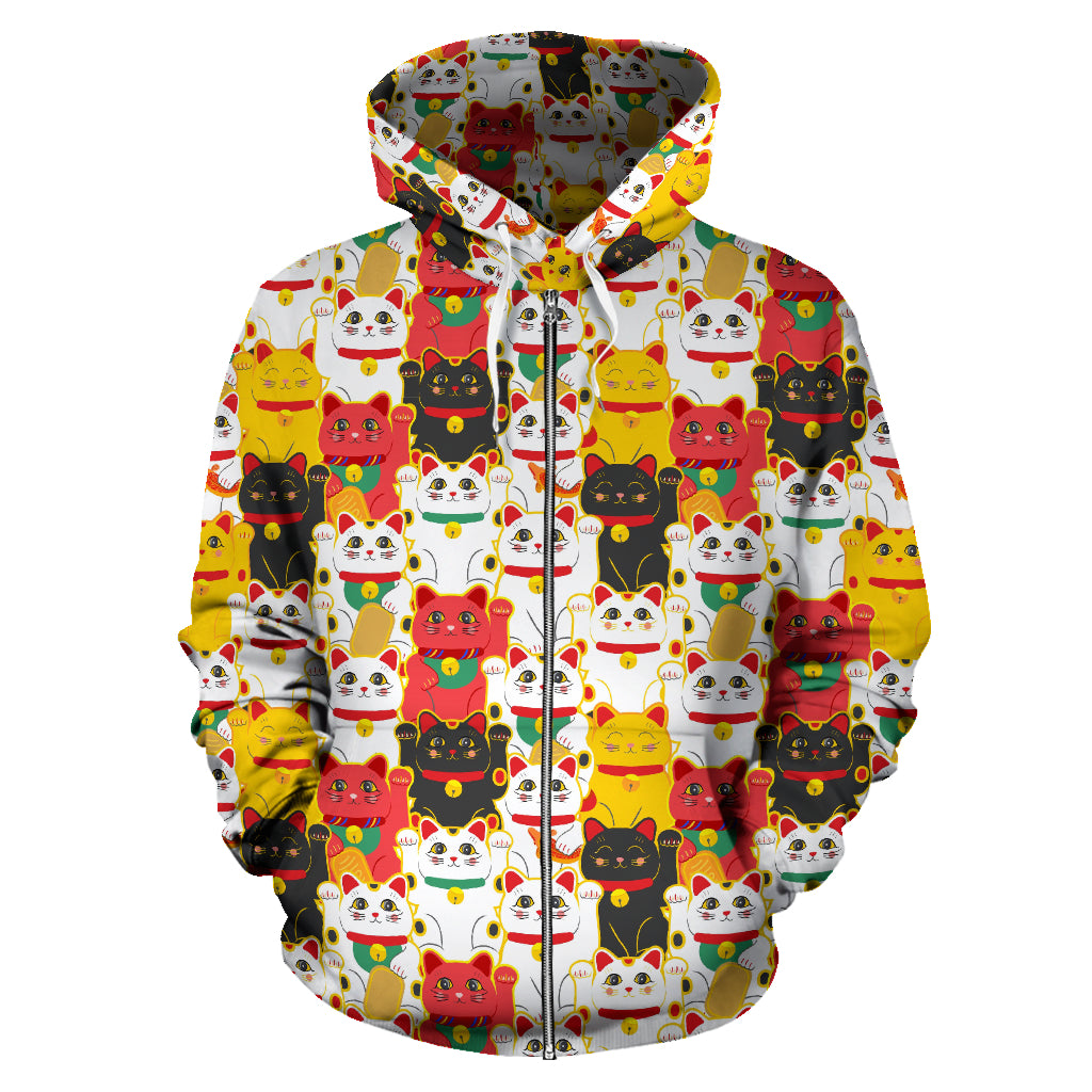 Colorful Maneki Neko Cat Pattern Zip Up Hoodie