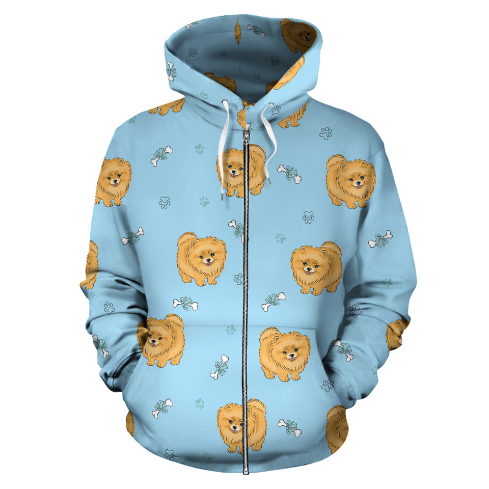 Brown Cute Pomeranian Blue Blackground Zip Up Hoodie