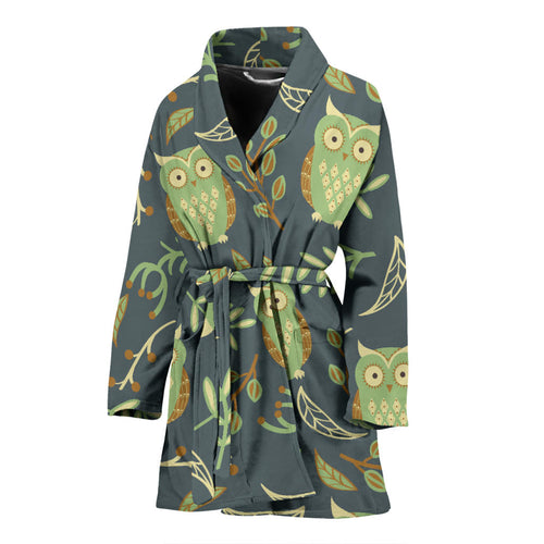 Cute Owls Leaves Pattern Women'S Bathrobe