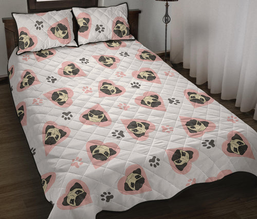 Cute pugs pink heart paw pattern Quilt Bed Set