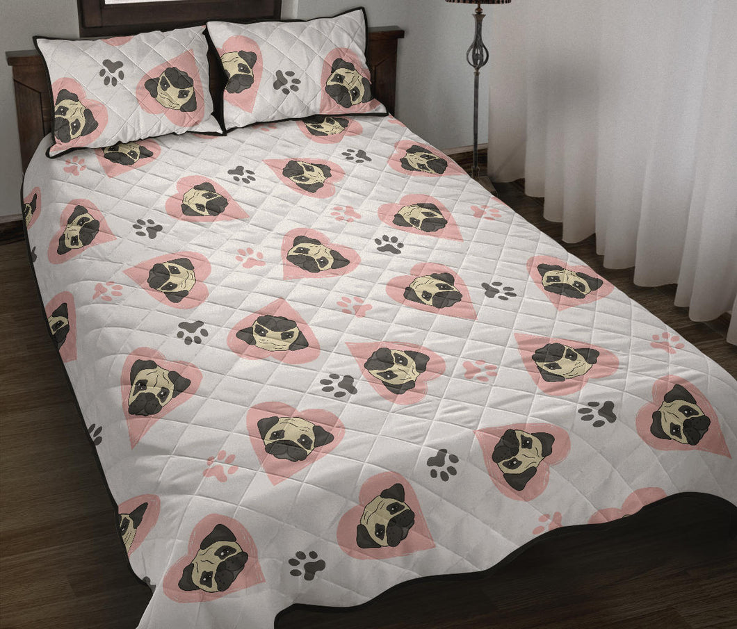 Cute pugs pink heart paw pattern Quilt Bed Set