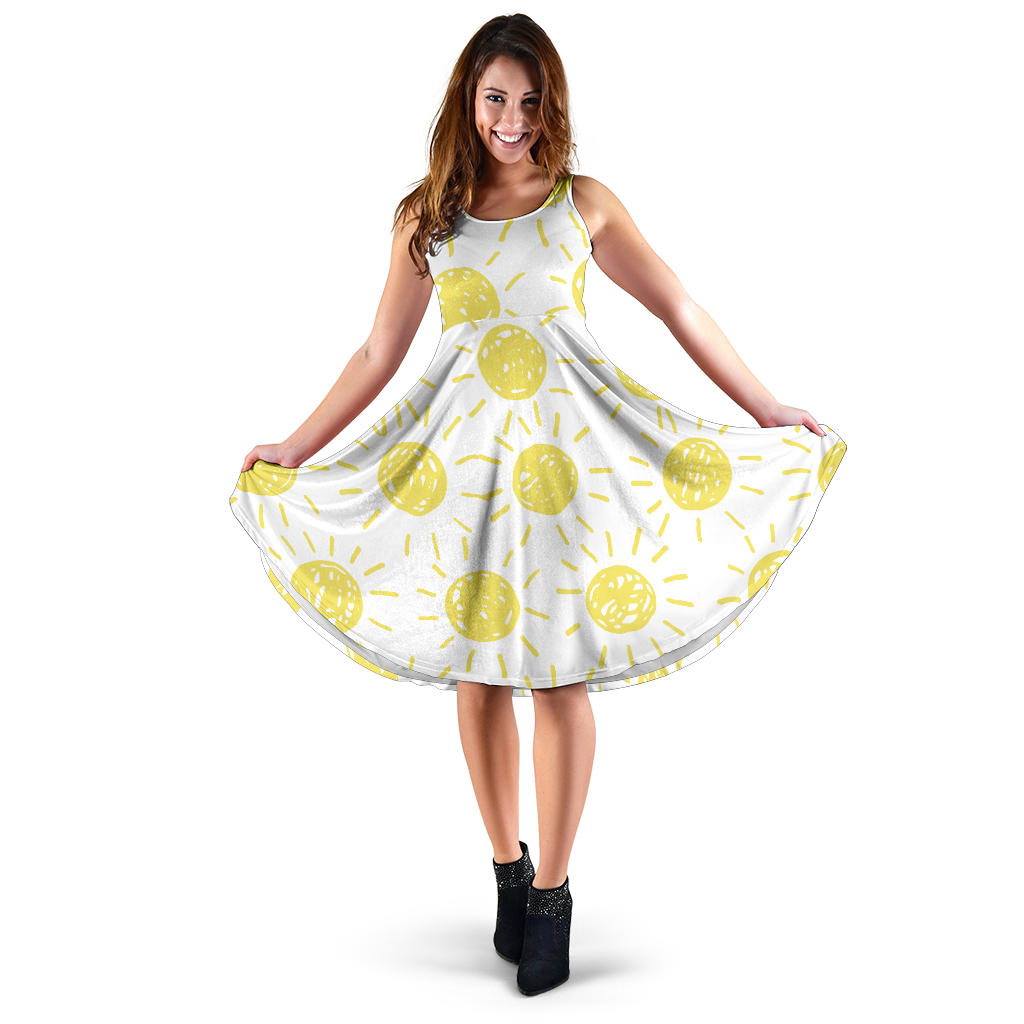 Hand Drawn Sun Pattern Sleeveless Midi Dress